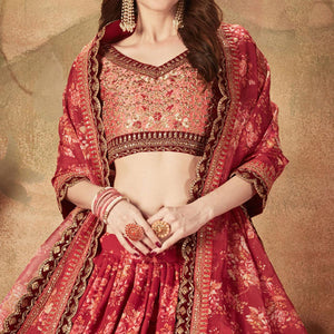 Maroon & Peach Partywear Floral Print With Sequins Embroidery Organza Lehenga Choli