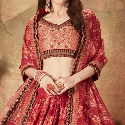 Maroon & Peach Partywear Floral Print With Sequins Embroidery Organza Lehenga Choli