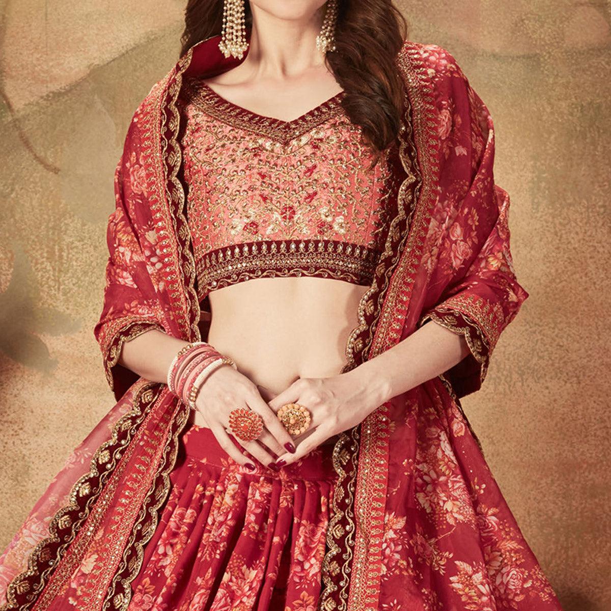 Maroon & Peach Partywear Floral Print With Sequins Embroidery Organza Lehenga Choli