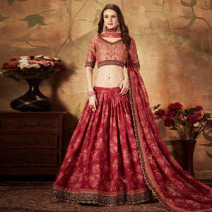 Maroon & Peach Partywear Floral Print With Sequins Embroidery Organza Lehenga Choli