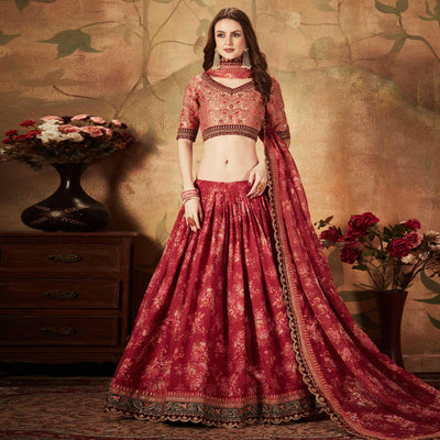Maroon & Peach Partywear Floral Print With Sequins Embroidery Organza Lehenga Choli