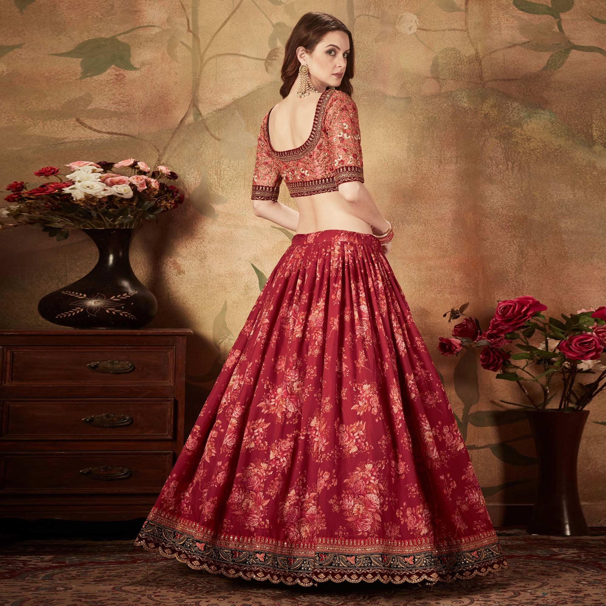 Maroon & Peach Partywear Floral Print With Sequins Embroidery Organza Lehenga Choli