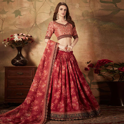 Maroon & Peach Partywear Floral Print With Sequins Embroidery Organza Lehenga Choli