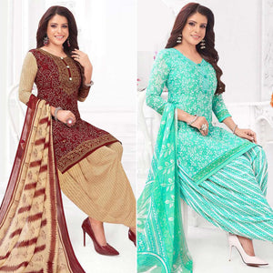 Maroon And Turquoise Patiala Crepe Dress Material Pack Of 2