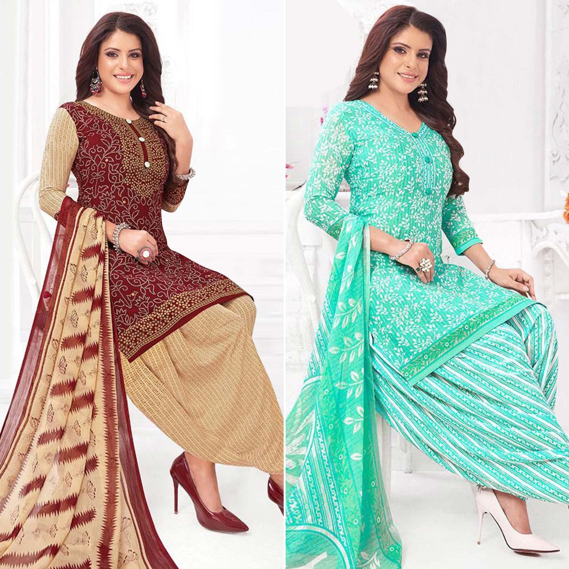 Maroon And Turquoise Patiala Crepe Dress Material Pack Of 2