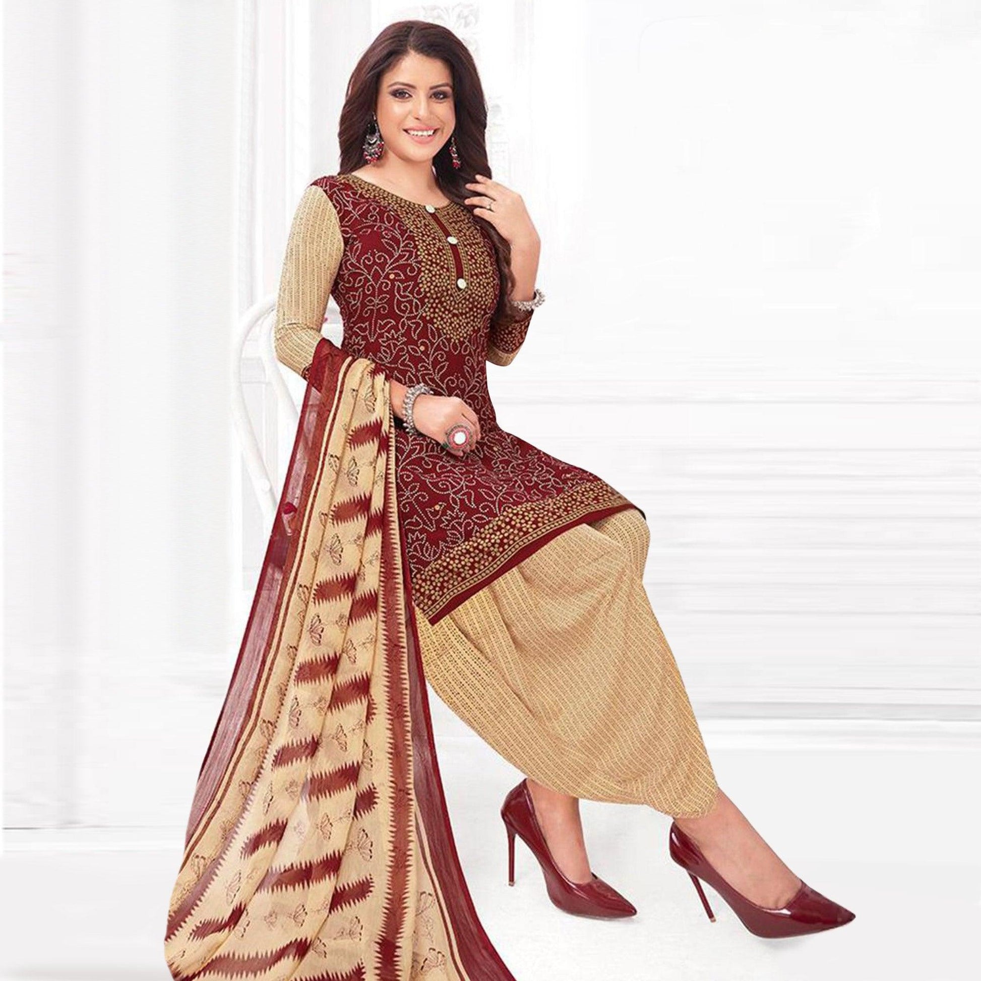 Maroon And Turquoise Patiala Crepe Dress Material Pack Of 2