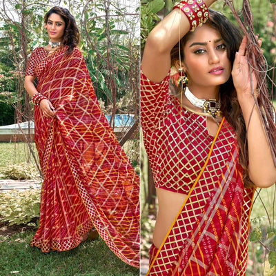 Maroon Bandhani Printed-Checks Weaving Chiffon Saree