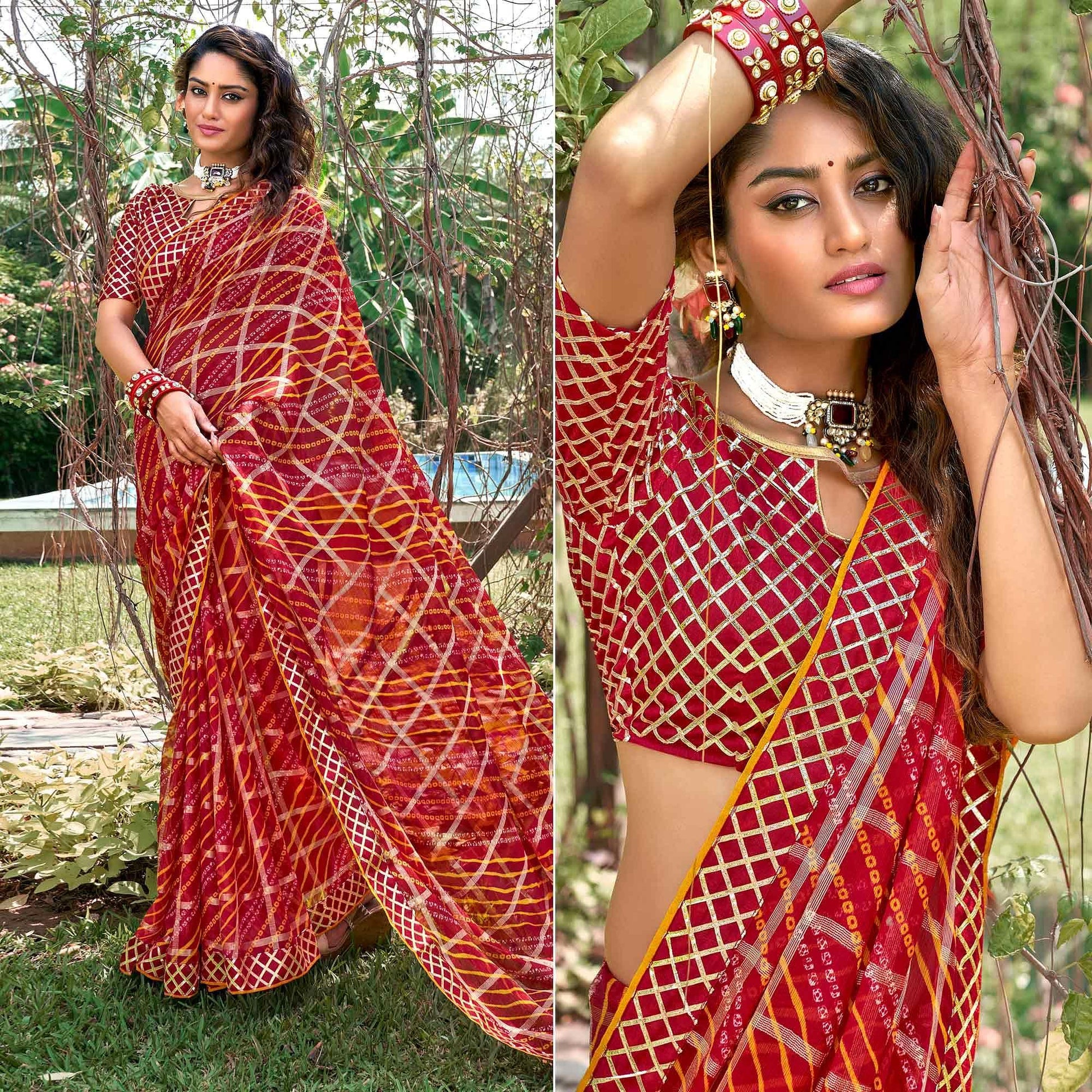 Maroon Bandhani Printed-Checks Weaving Chiffon Saree