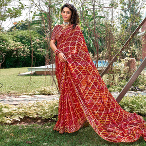 Maroon Bandhani Printed-Checks Weaving Chiffon Saree