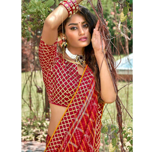 Maroon Bandhani Printed-Checks Weaving Chiffon Saree