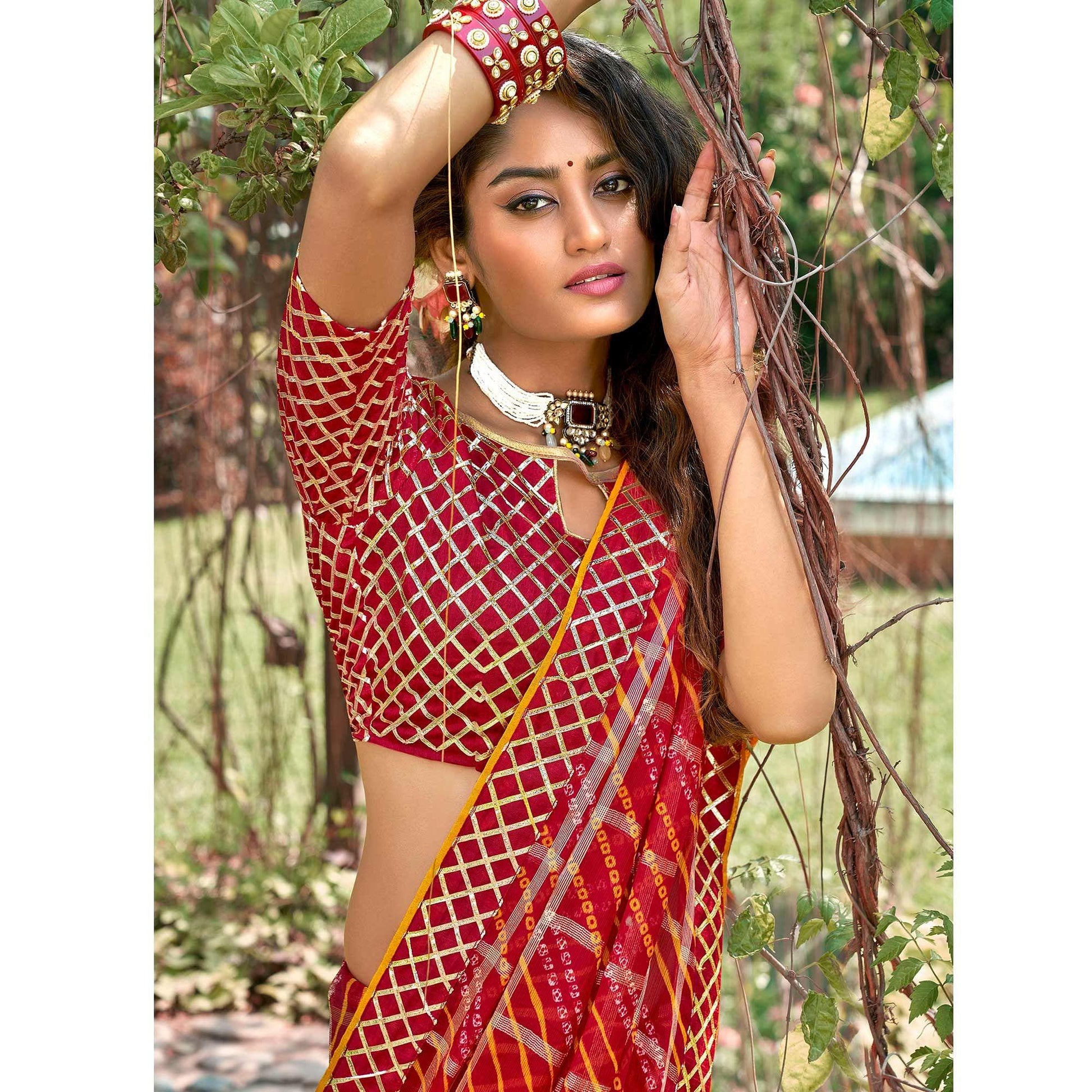 Maroon Bandhani Printed-Checks Weaving Chiffon Saree