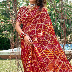 Maroon Bandhani Printed-Checks Weaving Chiffon Saree