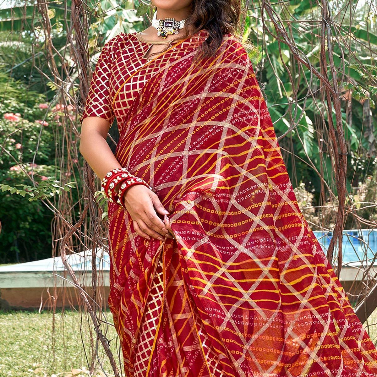 Maroon Bandhani Printed-Checks Weaving Chiffon Saree