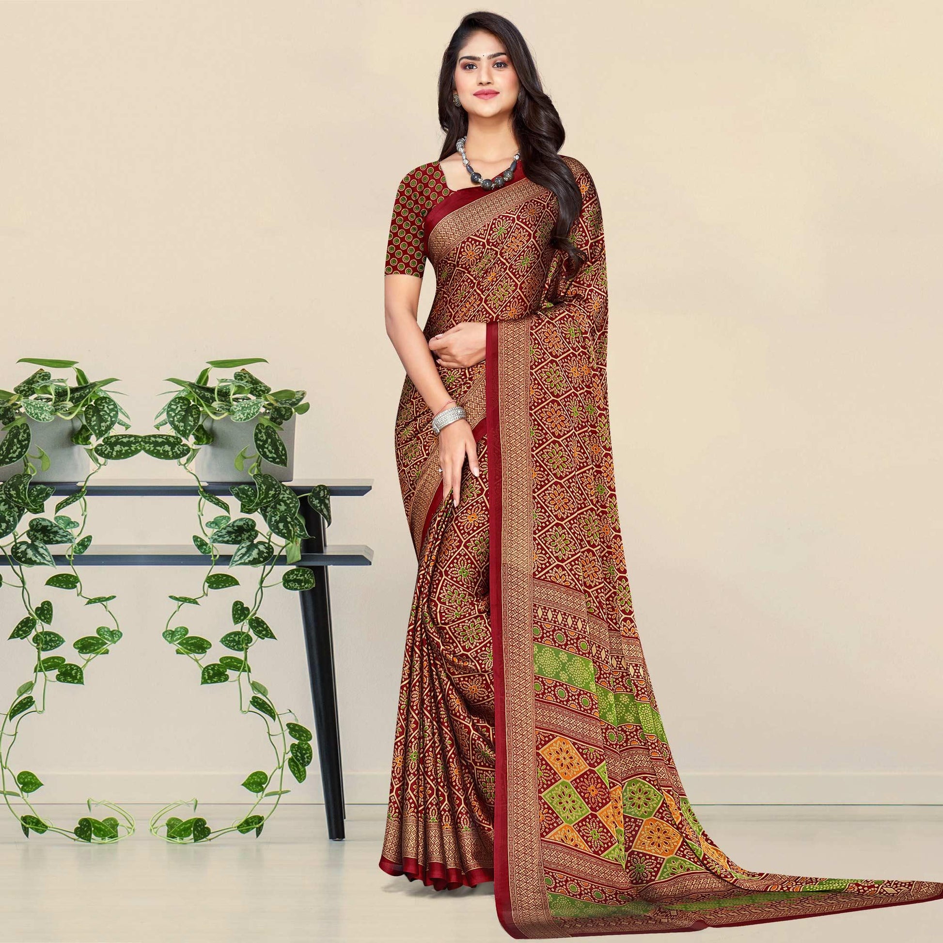 Maroon Bandhani Printed Chiffon Saree