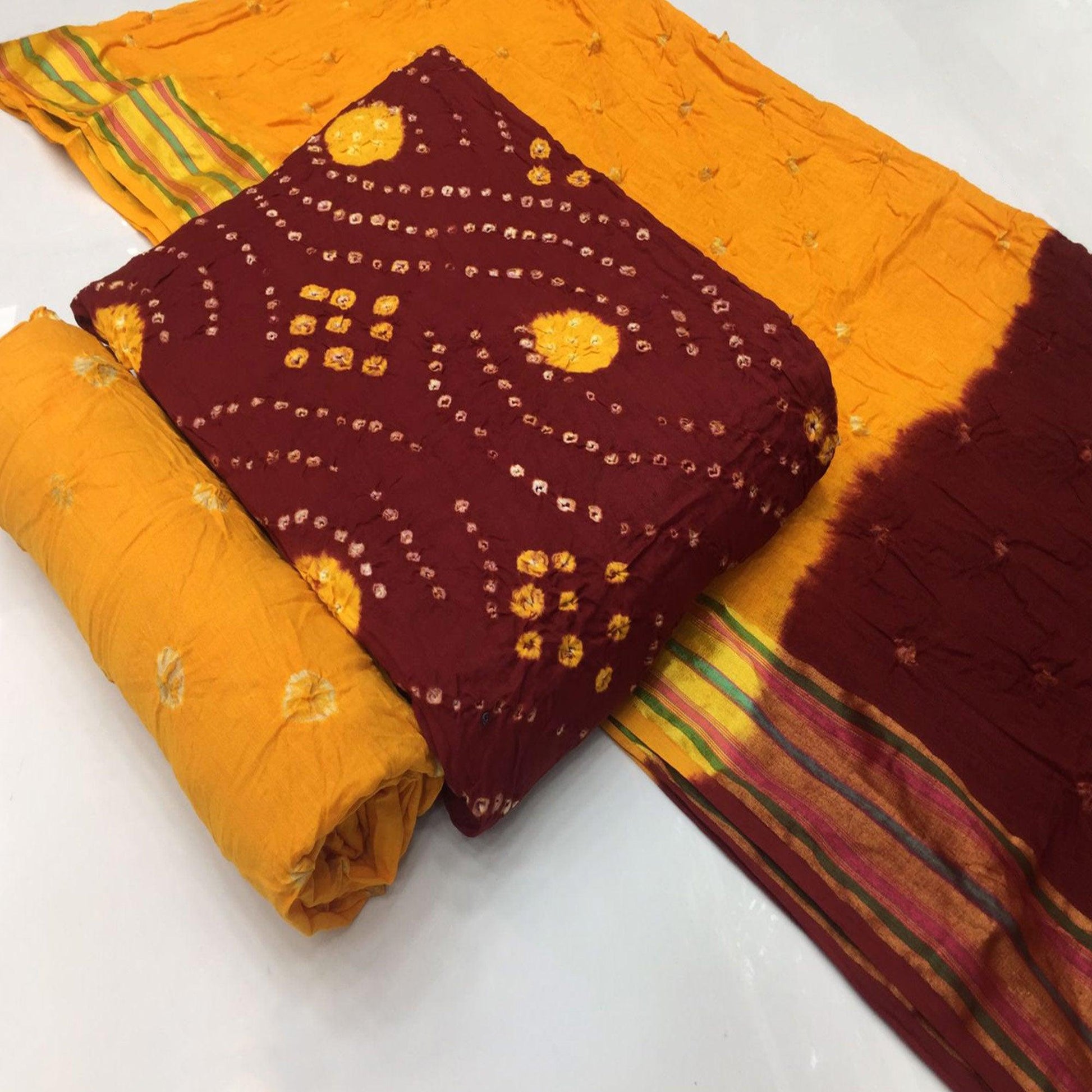 Maroon Bandhani Printed Pure Cotton Dress Material