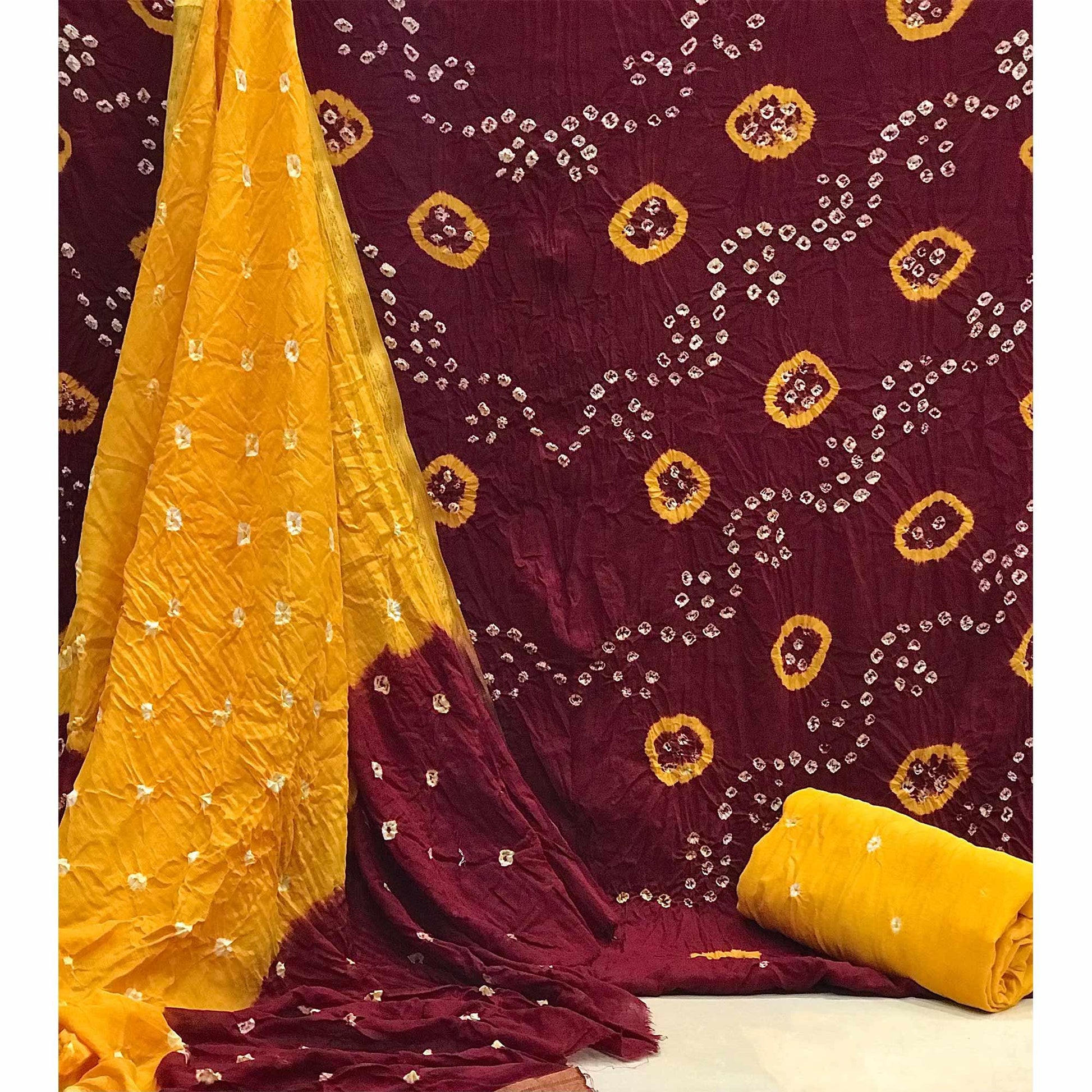 Maroon Bandhani Printed Pure Cotton Dress Material