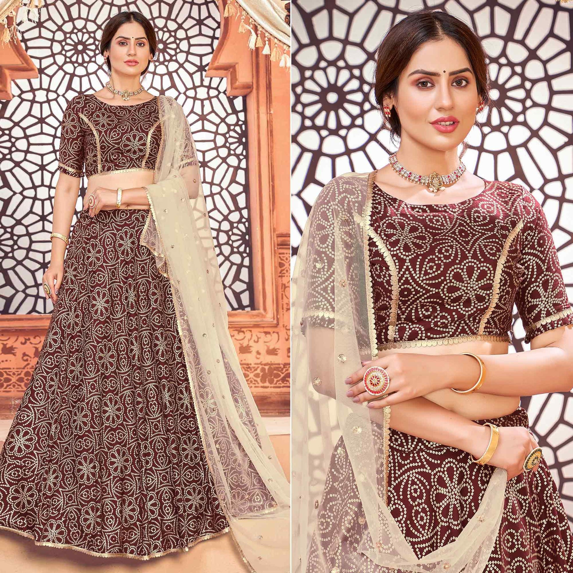 Maroon Bandhani Printed Tapetta Silk Lehenga Choli