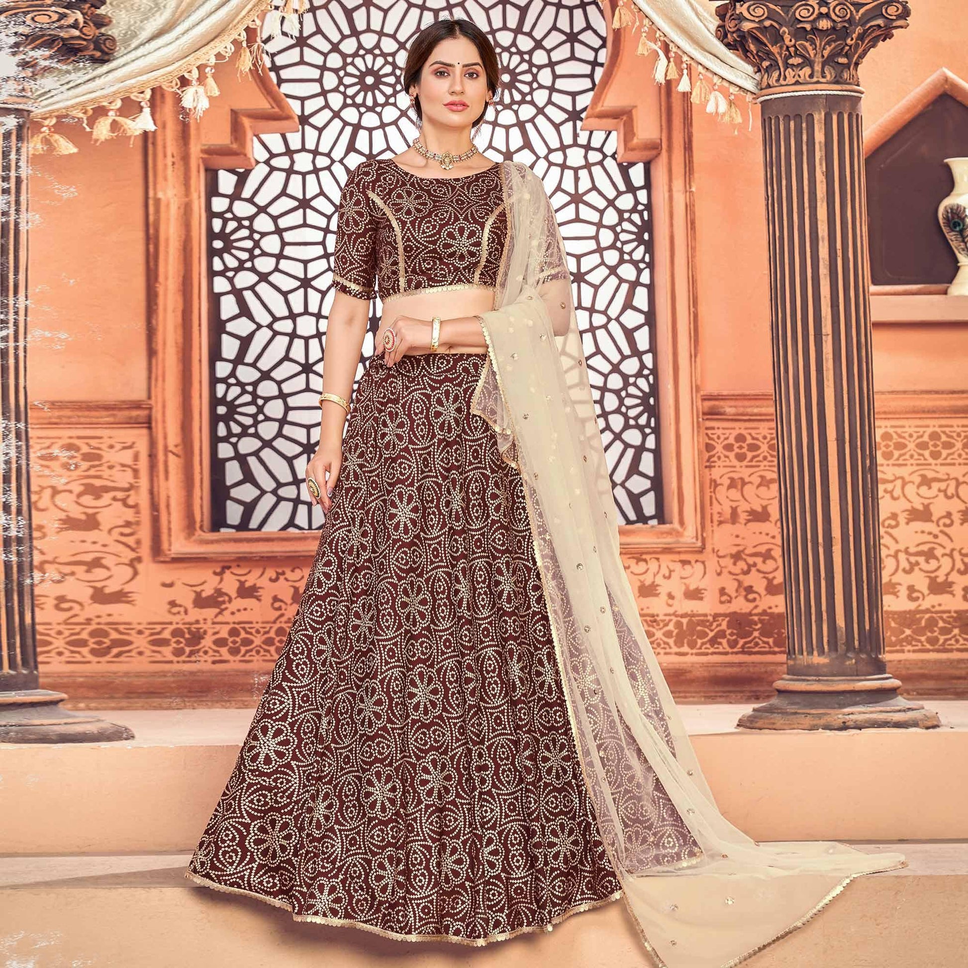 Maroon Bandhani Printed Tapetta Silk Lehenga Choli