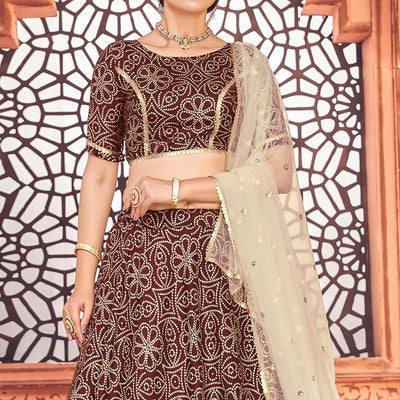 Maroon Bandhani Printed Tapetta Silk Lehenga Choli