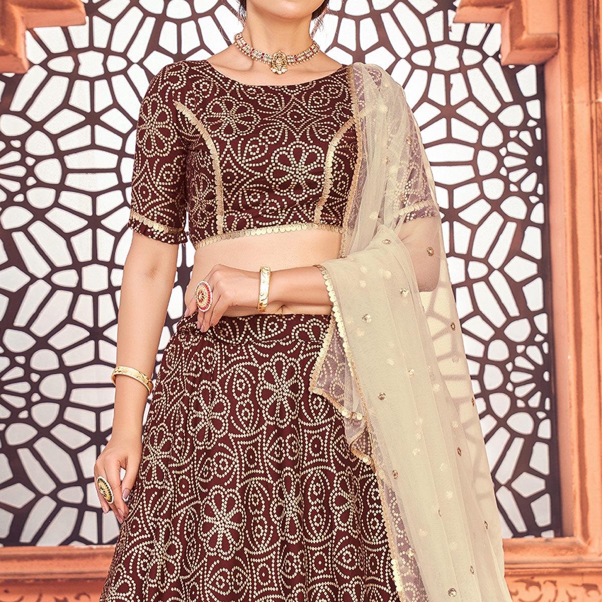 Maroon Bandhani Printed Tapetta Silk Lehenga Choli