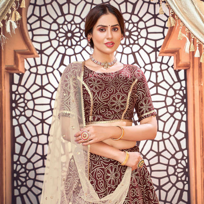 Maroon Bandhani Printed Tapetta Silk Lehenga Choli