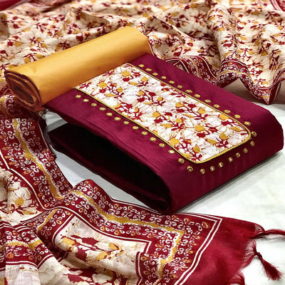 Maroon Batik Printed Art Silk Dress Material