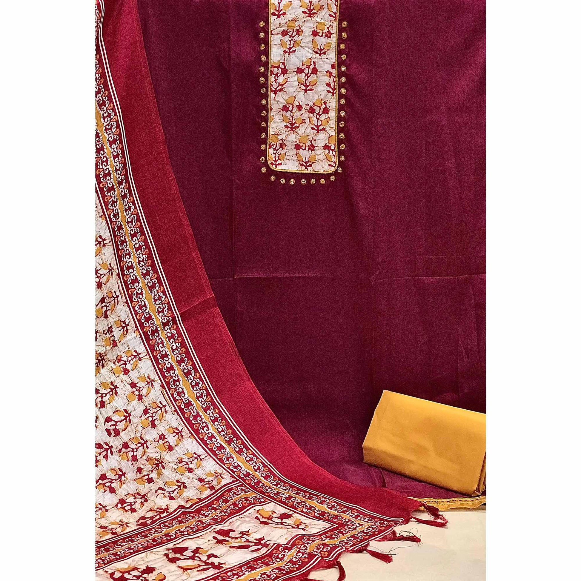 Maroon Batik Printed Art Silk Dress Material