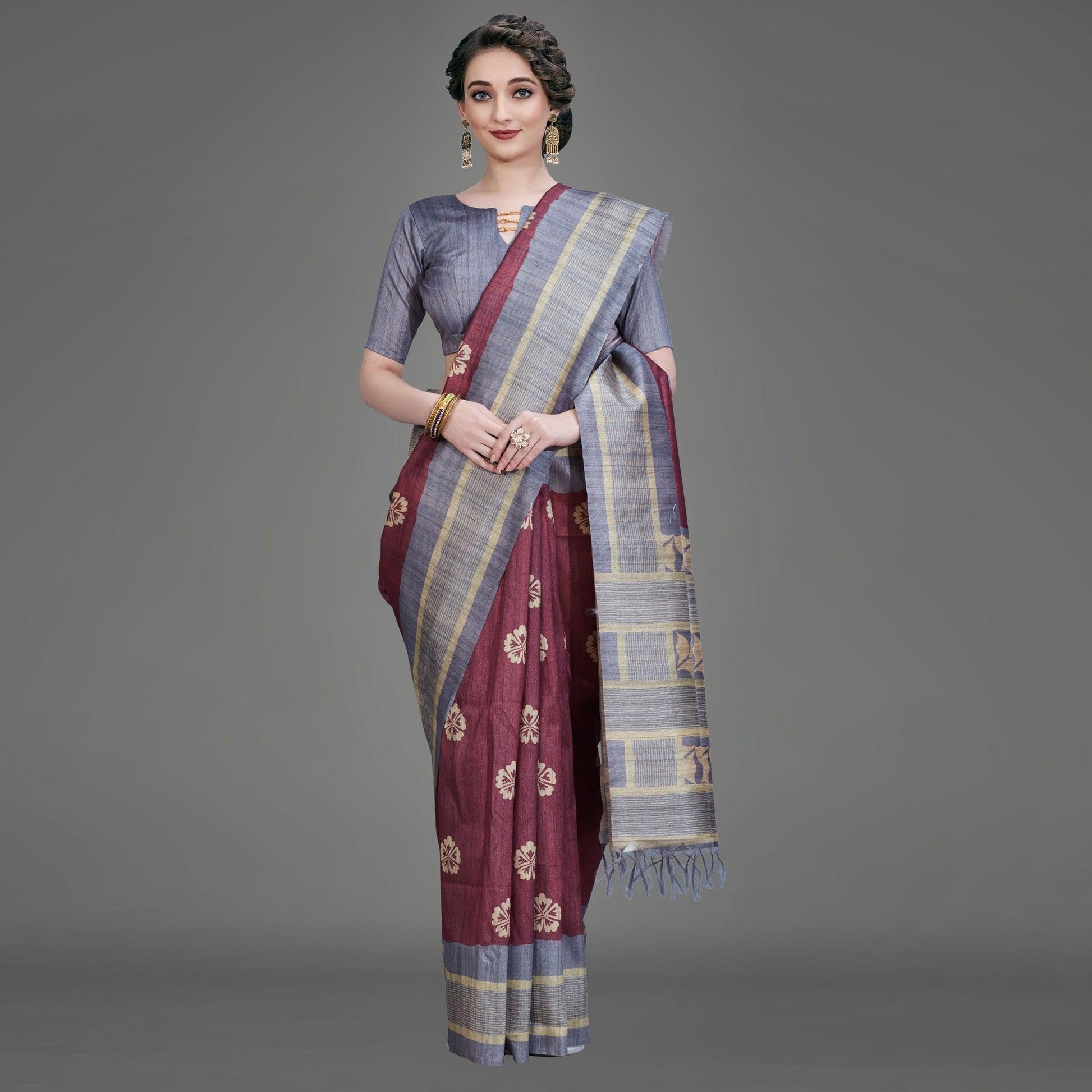 Maroon Casual Art Silk Printed Saree With Unstitched Blouse