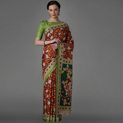 Maroon Casual Art Silk Printed Saree With Unstitched Blouse