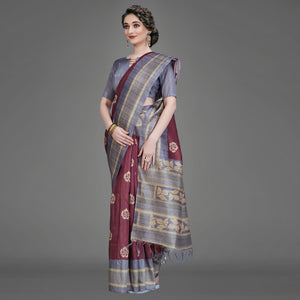 Maroon Casual Art Silk Printed Saree With Unstitched Blouse