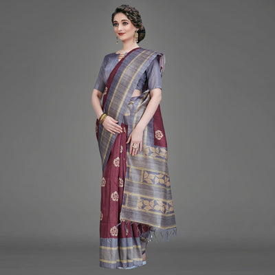 Maroon Casual Art Silk Printed Saree With Unstitched Blouse