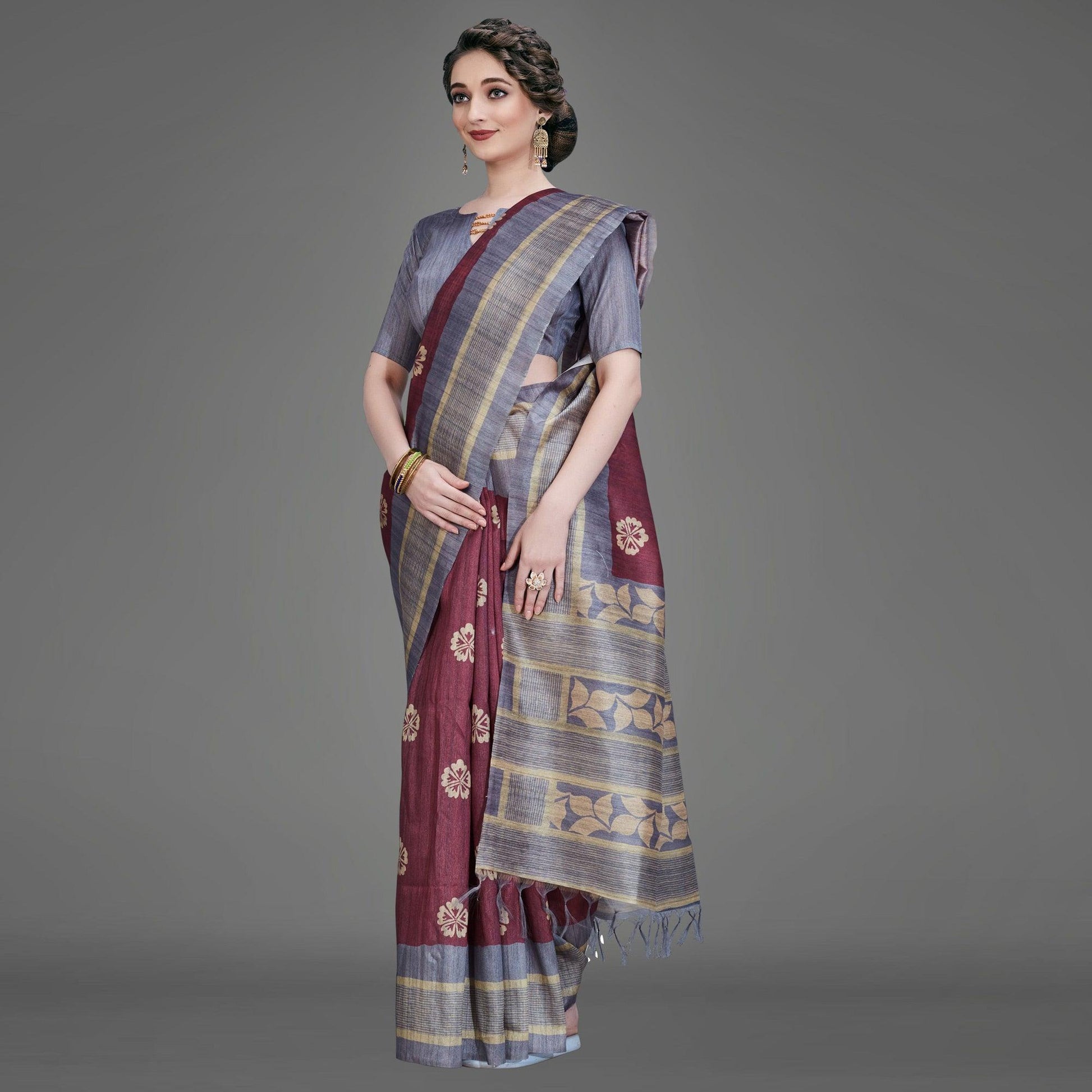 Maroon Casual Art Silk Printed Saree With Unstitched Blouse