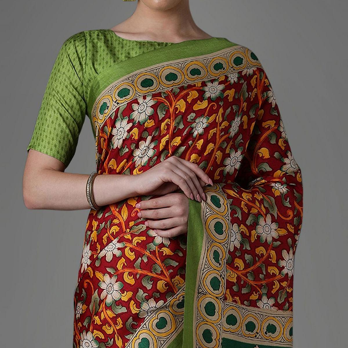 Maroon Casual Art Silk Printed Saree With Unstitched Blouse