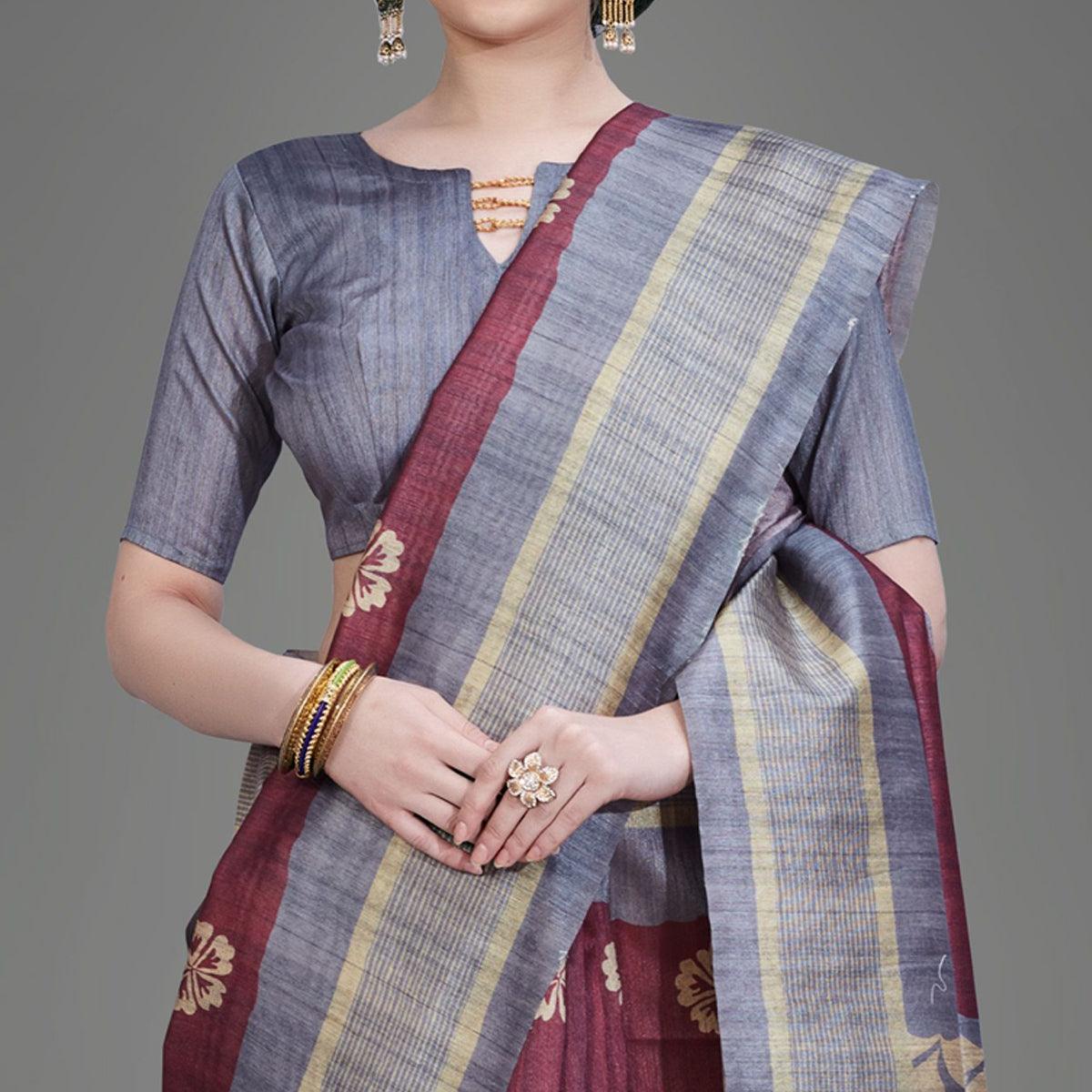 Maroon Casual Art Silk Printed Saree With Unstitched Blouse