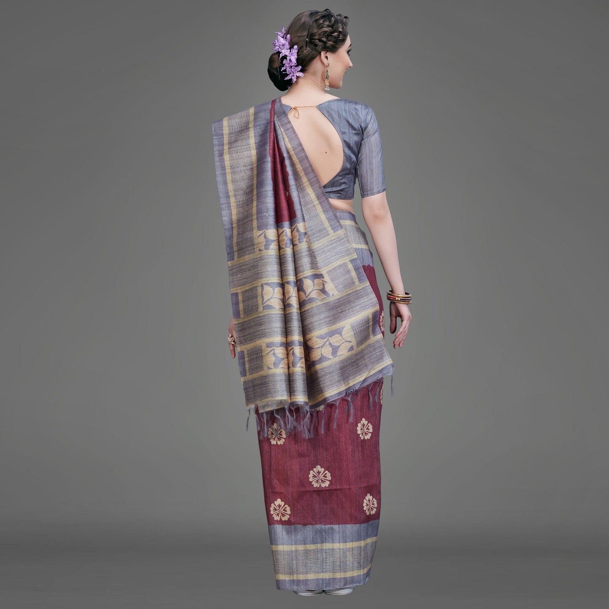 Maroon Casual Art Silk Printed Saree With Unstitched Blouse
