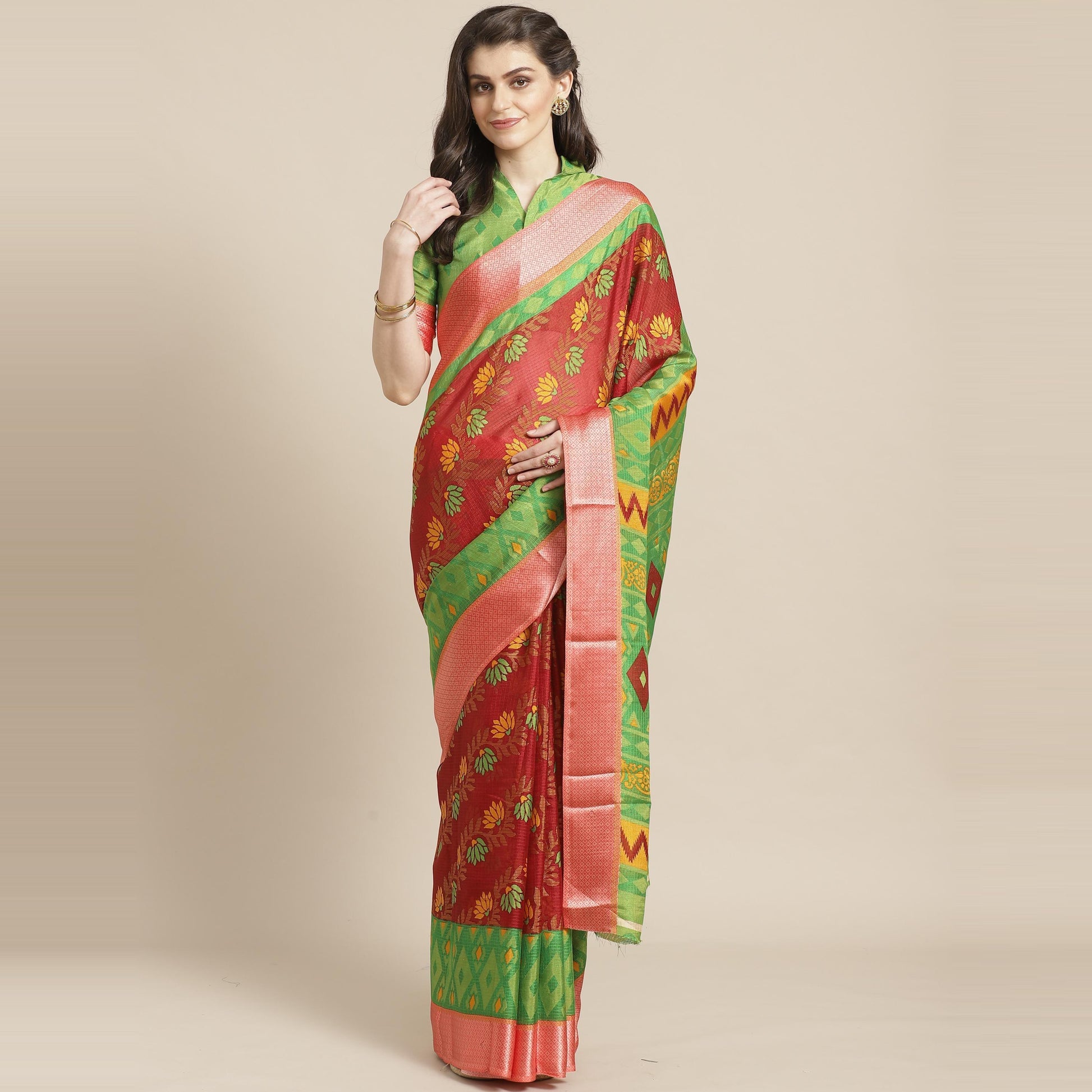 Maroon Casual Brasso Printed Saree With Unstitched Blouse
