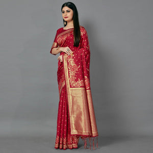 Maroon Casual Silk Blend Printed Saree With Unstitched Blouse