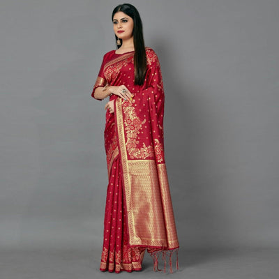 Maroon Casual Silk Blend Printed Saree With Unstitched Blouse
