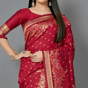 Maroon Casual Silk Blend Printed Saree With Unstitched Blouse