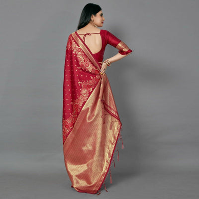 Maroon Casual Silk Blend Printed Saree With Unstitched Blouse