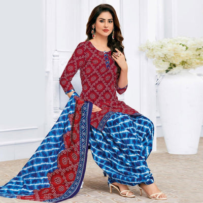 Maroon Casual Wear Bandhani Batik Printed Cotton Patiala Dress Material