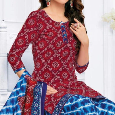 Maroon Casual Wear Bandhani Batik Printed Cotton Patiala Dress Material
