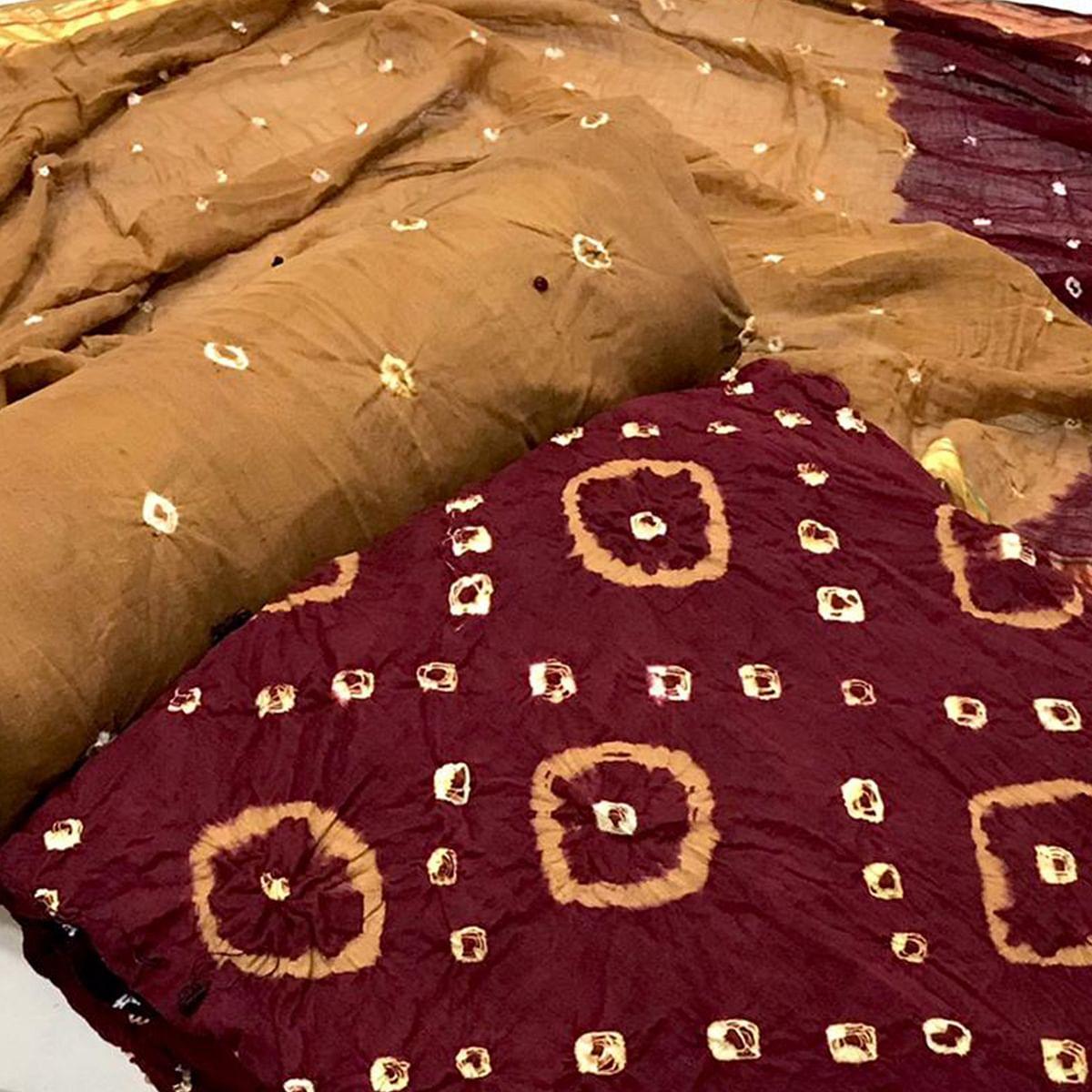 Maroon Casual Wear Bandhani Printed Pure Cotton Dress Material