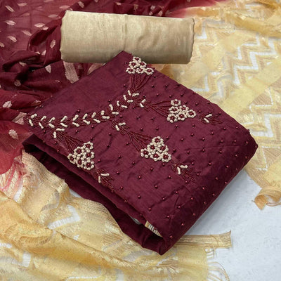 Maroon Casual Wear Embellished With Embroidered Modal Silk Dress Material
