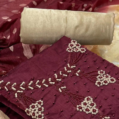 Maroon Casual Wear Embellished With Embroidered Modal Silk Dress Material