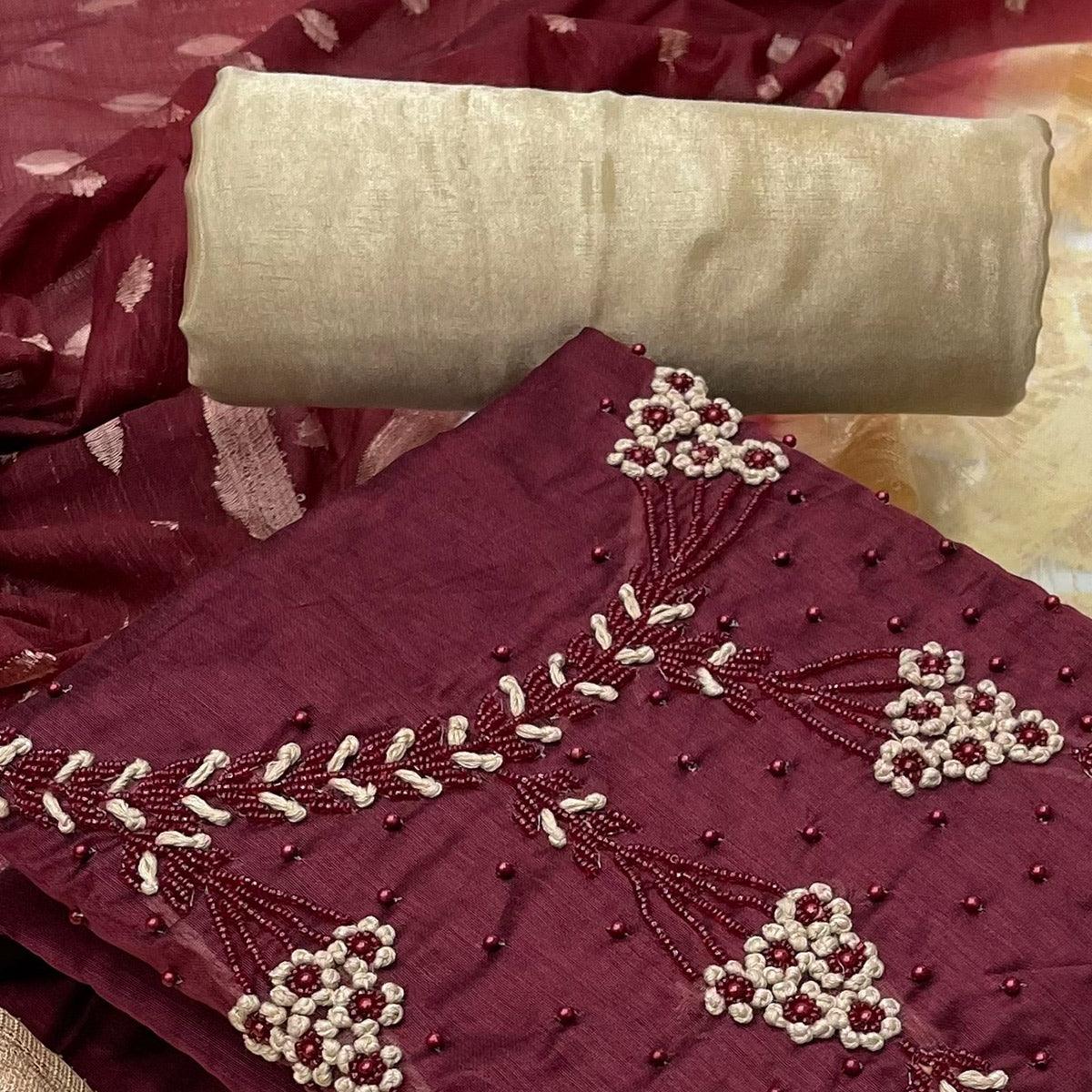 Maroon Casual Wear Embellished With Embroidered Modal Silk Dress Material