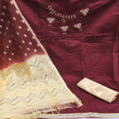 Maroon Casual Wear Embellished With Embroidered Modal Silk Dress Material