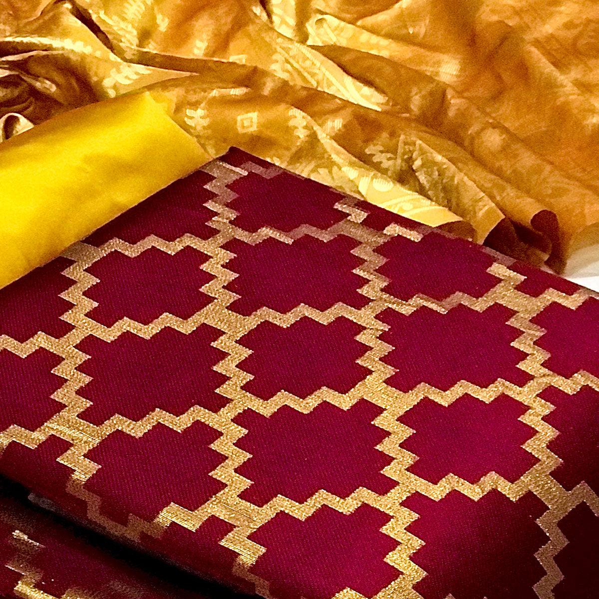 Maroon Casual Wear Embroidered Banarasi Silk Dress Material