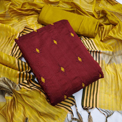 Maroon Casual Wear Embroidered Chanderi Dress Material