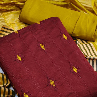 Maroon Casual Wear Embroidered Chanderi Dress Material